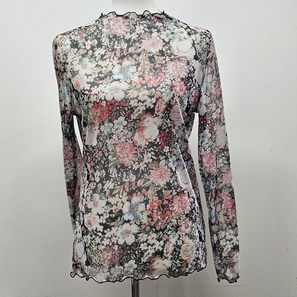 Floral Mesh Long Sleeve Top Lettuce Edge Semi Sheer Layer Large Boho Cottagecore